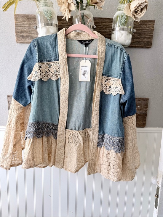 Young Threads Jackets & Blazers - Frayed Lace-Trim Denim Jacket - Blue and Cream